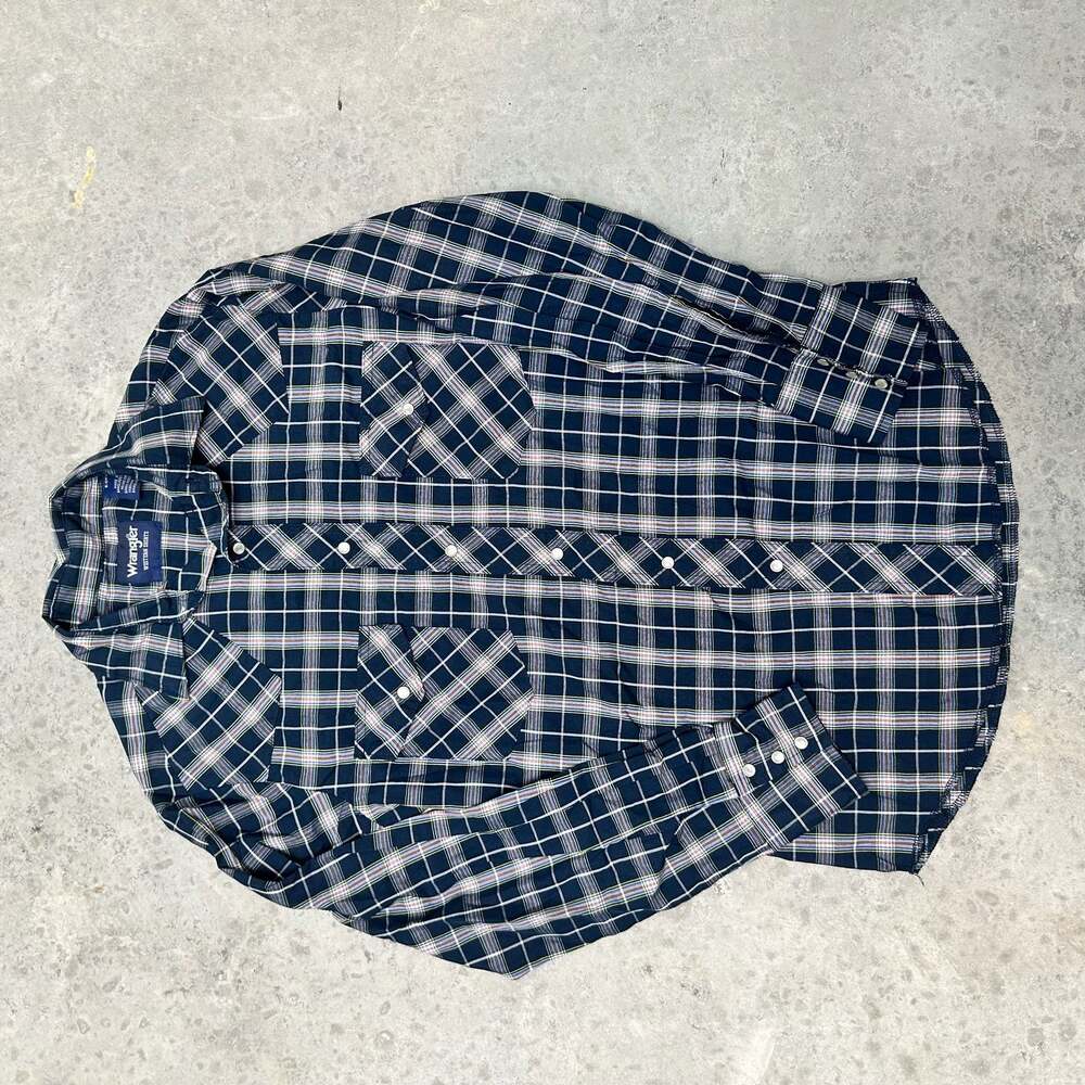 Wrangler Blue Plaid Long Sleeve Pearl Snap Shirt - Small